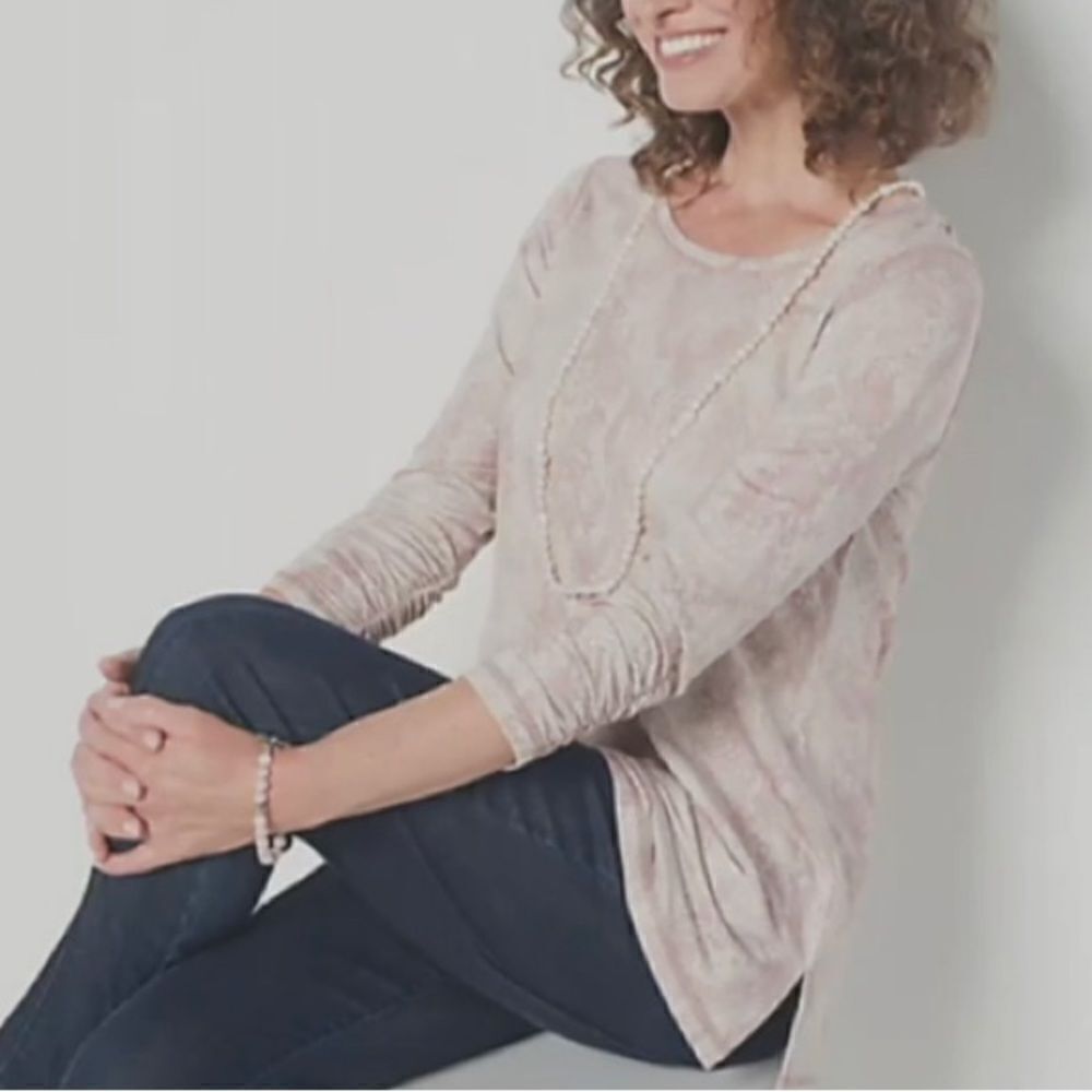 Susan Graver Weekend Printed Halo Knit Ruched 3/4-Sleeve Top